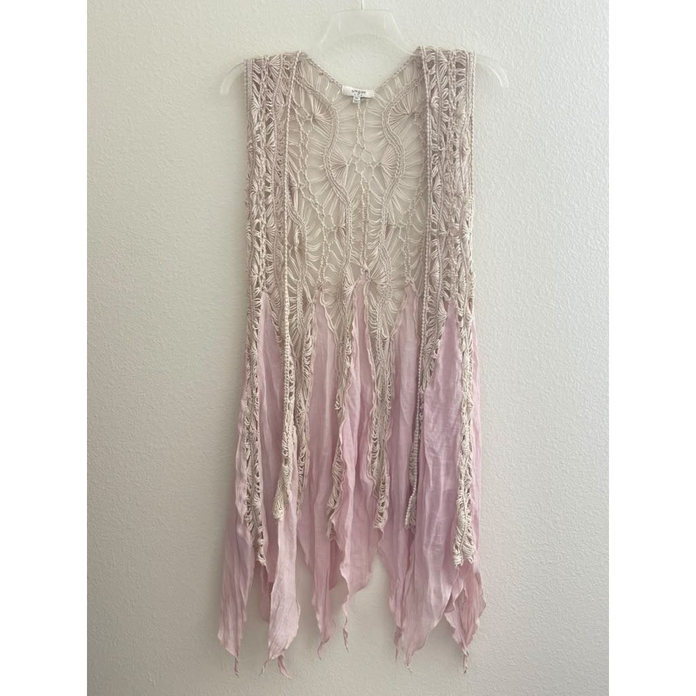 Umgee USA Pink Beige Crochet Macrame Open Front Fringe Vest M/L H1011